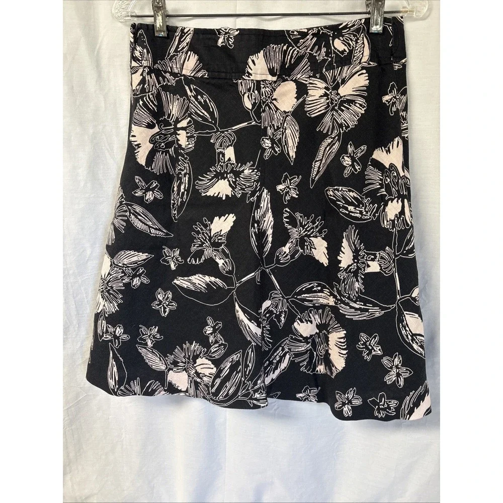 Merona Womens A Line Skirt Size 2 Black Floral Linen Canvas Lined Knee Length